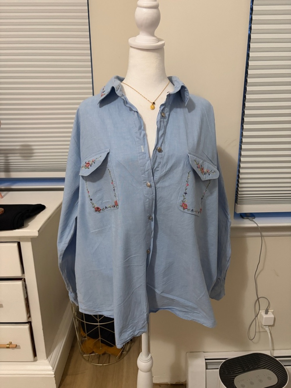 Light Blue Embroidered Button-Up Shirt